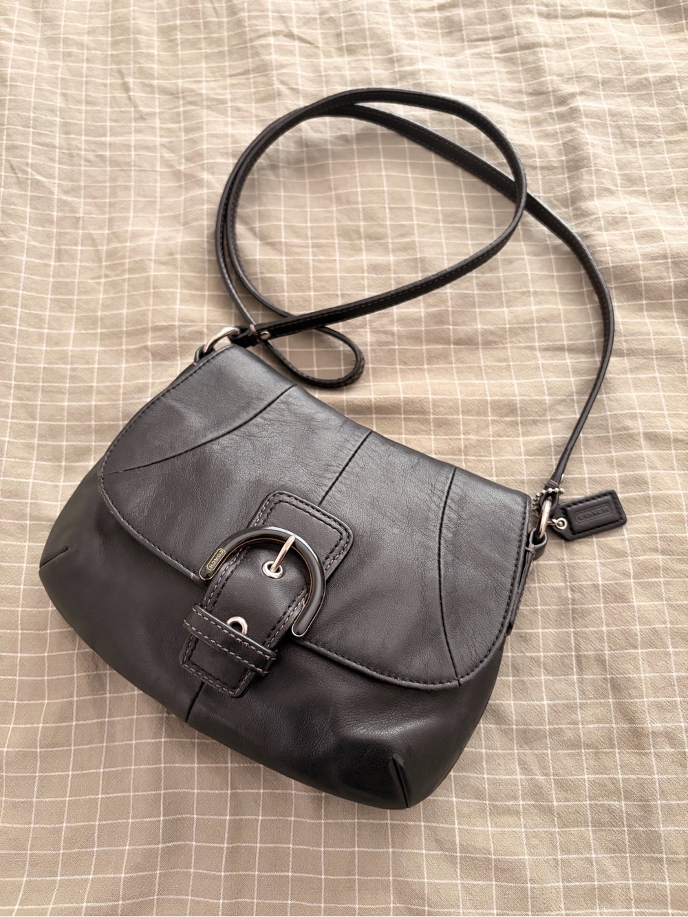Coach Black Leather Buckle Flap Crossbody Bag